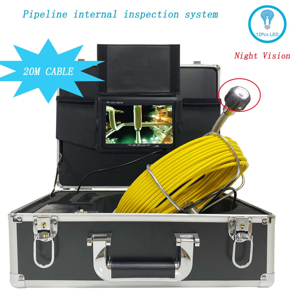 

7'' 23mm Sewer Video Camera With 12pcs LED Light Drain Pipe Endoscoep Industrial Inspection System 20m Cable 1 2V4500mAh Battery