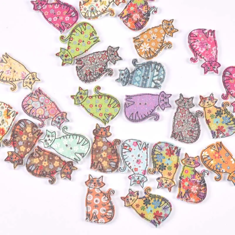 Random Mixed Painted cat Wooden Buttons For Clothes Sewing Crafts Handmade Scrapbooking DIY Kid Apparel Supplies 25Pcs 18x30mm