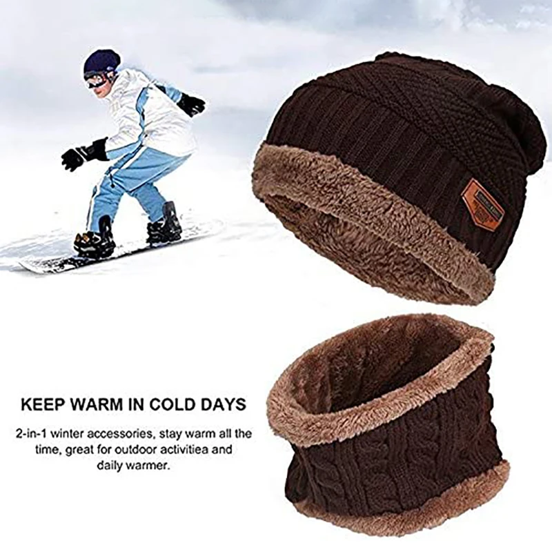 Winter Skiing Cycling Neck Warmer Knitted Hat Scarf Set Fur Wool Lining Thick Warm Knit Beanies Outdoor Sports Cap