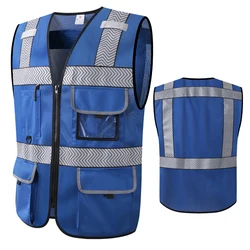 Blue Surveyor's Safety Vest for Men Women Protective Workwear Hi Vis Work Vest With Pockets and Zipper Security Vest