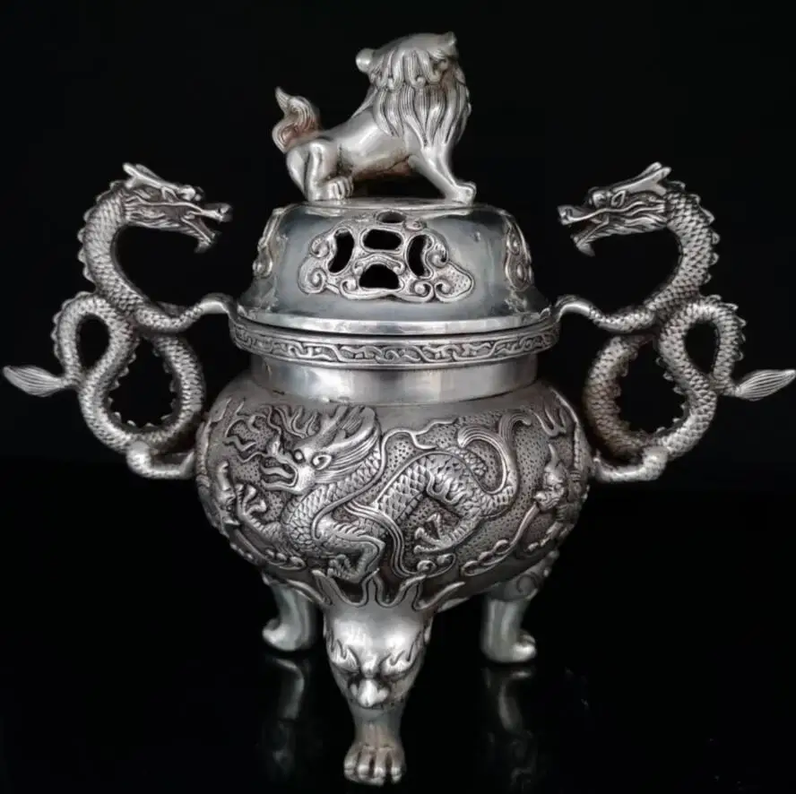 China White copper Double Dragon lion lid incense burner crafts statue