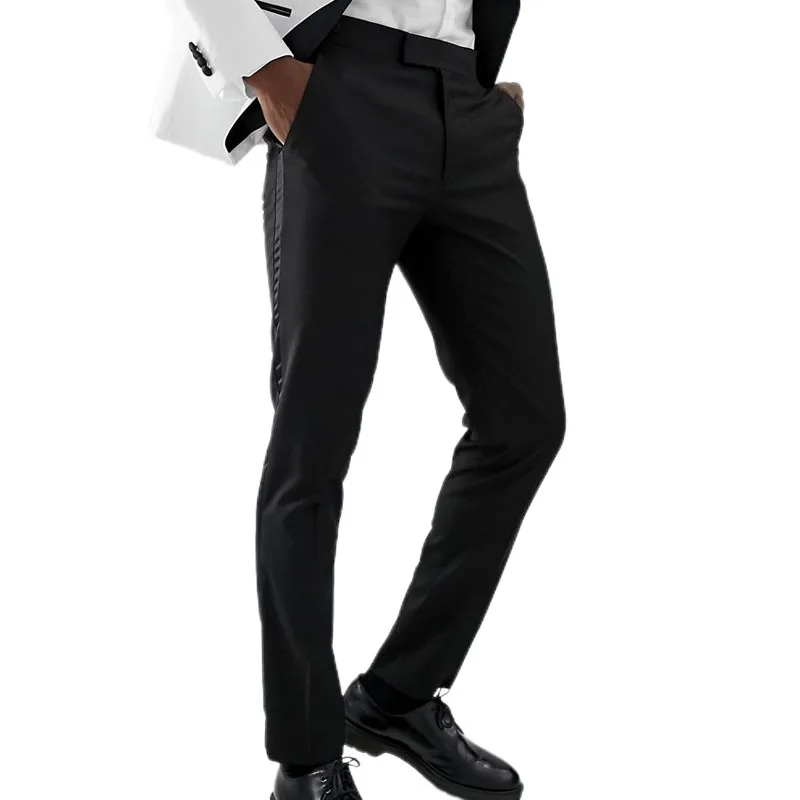 Black Men Pants with Side Satin Stripe One Piece Slim fit Classic Male Trousers Official Fashion Clothes for Wedding Evening