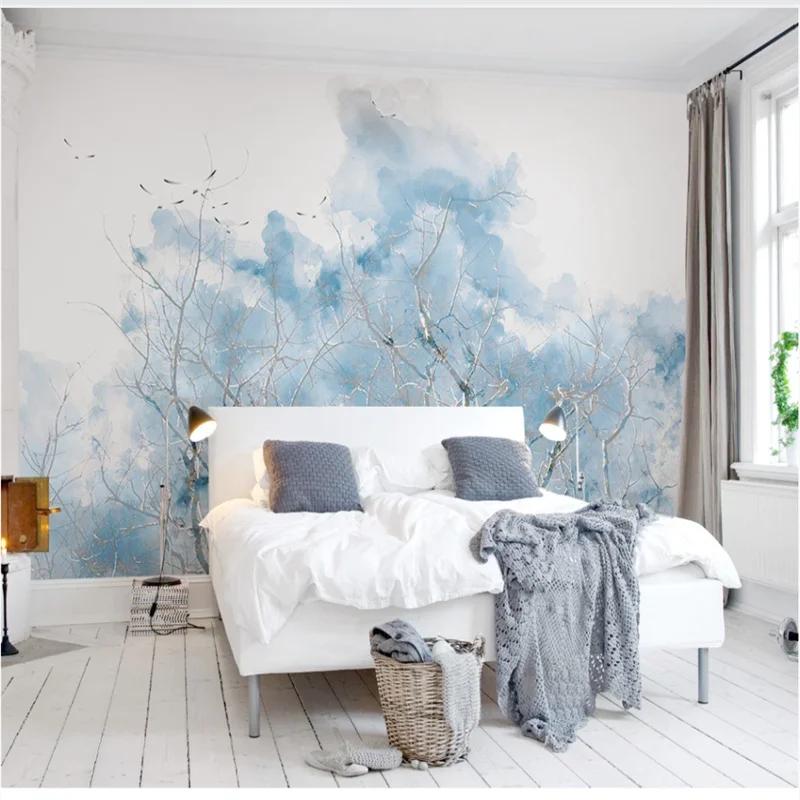 XUE SU Custom large wallpaper wall light blue branches watercolor flying birds modern fashion interior decoration painting wall