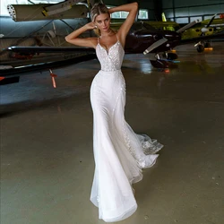 Sexy Mermaid Wedding Dresses V Neck Spaghetti Straps Button Appliqued Beading Elegant Long Backless Illusion Bridal Customized