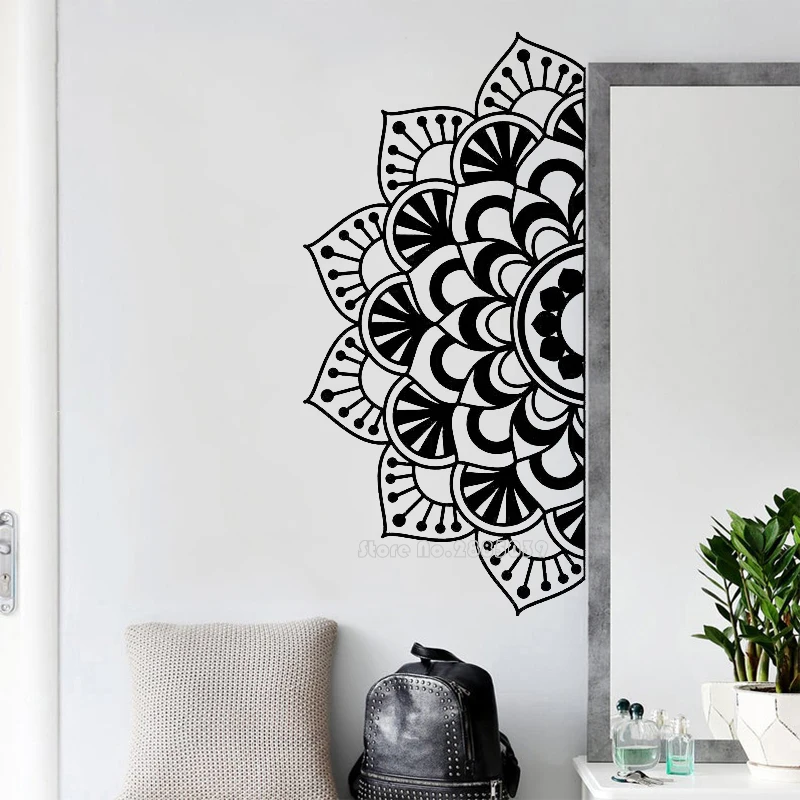 Half Mandala Flower Bedroom Headboard Wall Decal  Bohemian Style Lotus Art Mural Yoga Studio Mandala Vinyl Wall Sticker LL364