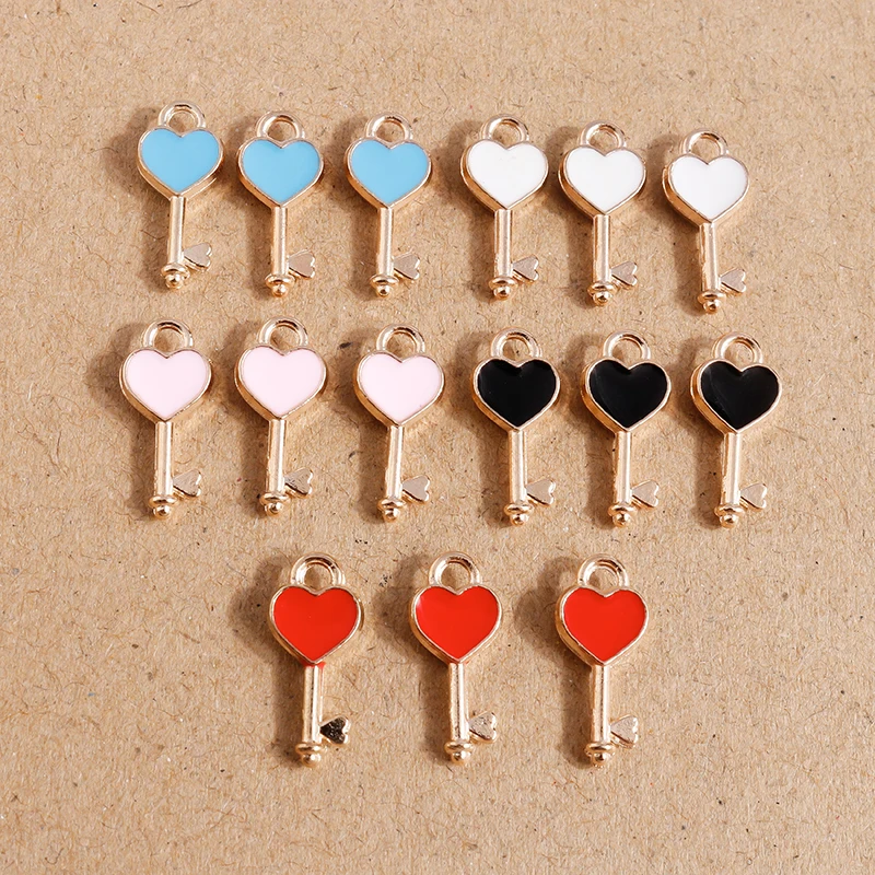 10pcs 7*16mm 5 Colors Enamel Heart Key Charms Pendant for Making DIY Necklaces Drop Earrings Keychain Jewelry Findings Accessory