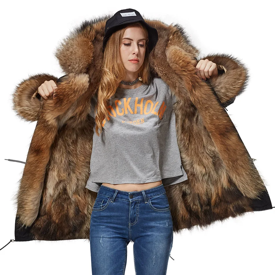 

LAVELACHE Women Winter Real Fox Fur Coat Natural Raccoon Fur Jacket Long Hooded Parkas Thick Warm Fur Detachable