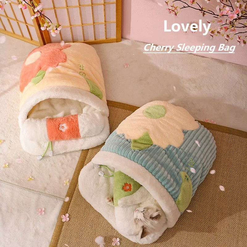 Japanese Sakura Warm Sleeping Bag for Pets, Deep Sleep, Dog House, Cat Nest Cushion with Pillow, Removable Pet Products, Winter