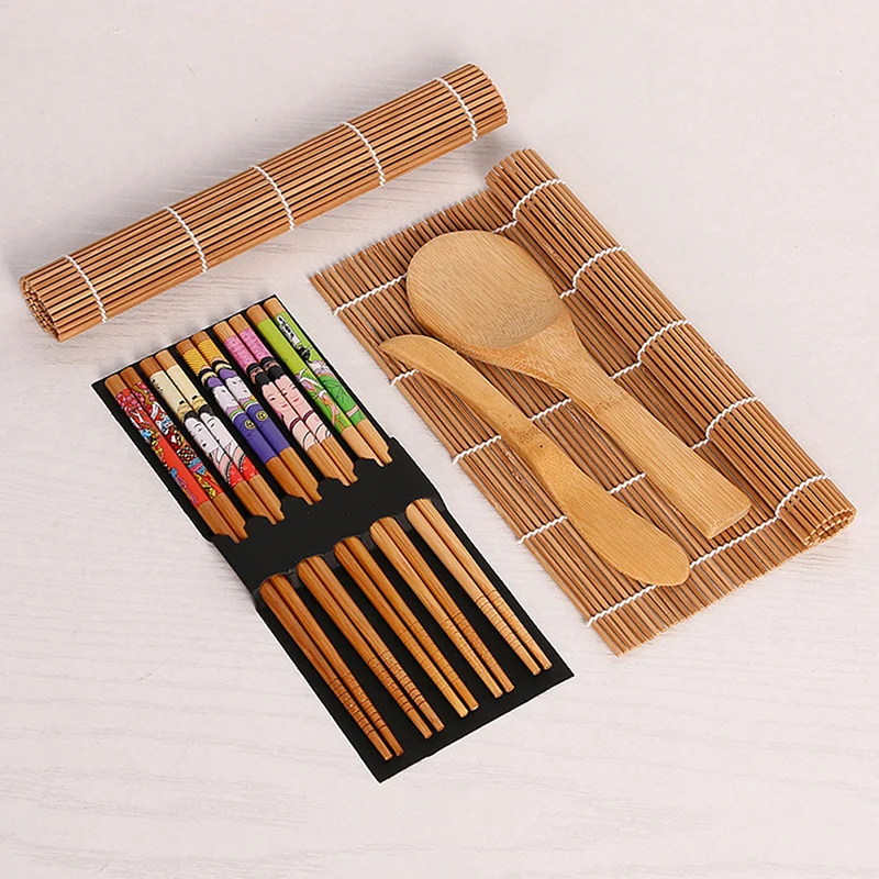 

1set DIY Bamboo Sushi Maker Set Sushi curtain Rice Sushi Making Kits Roll Cooking Tools Chopsticks Spoon Sushi blade