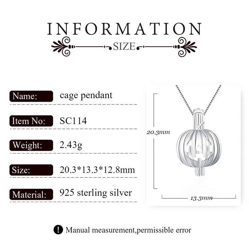 CLUCI 3pcs Silver Scary Pumpkin Design Pendant for Halloween 925 Sterling Silver Pearl Locket Cage Pendant SC114SB