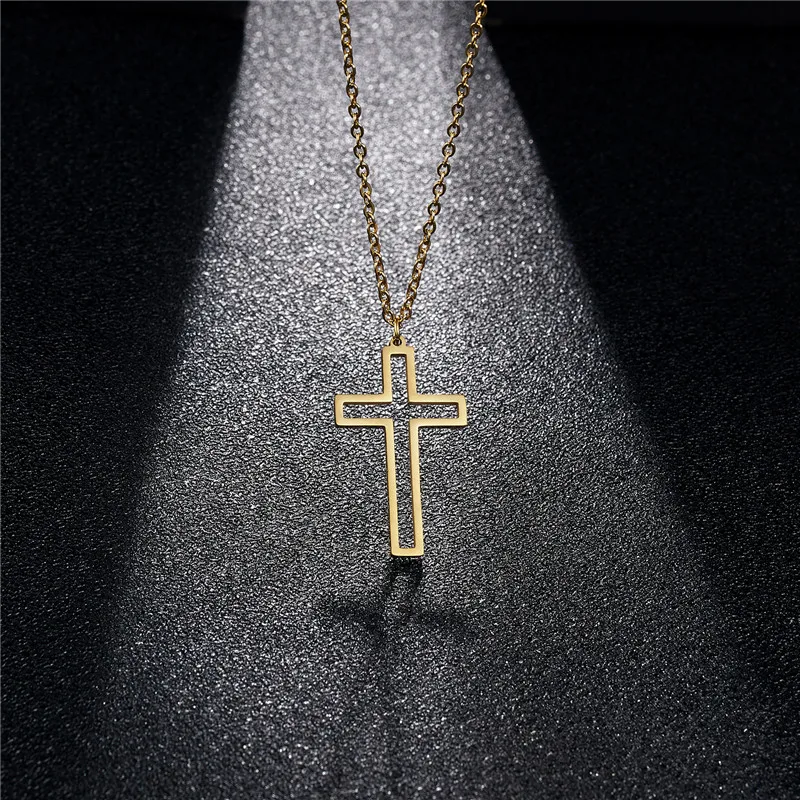 Rinhoo Stainless Steel Necklace For Women Men Long Chain Cross Necklace Small Cross Religious Christian Ornament Jewelry Gift