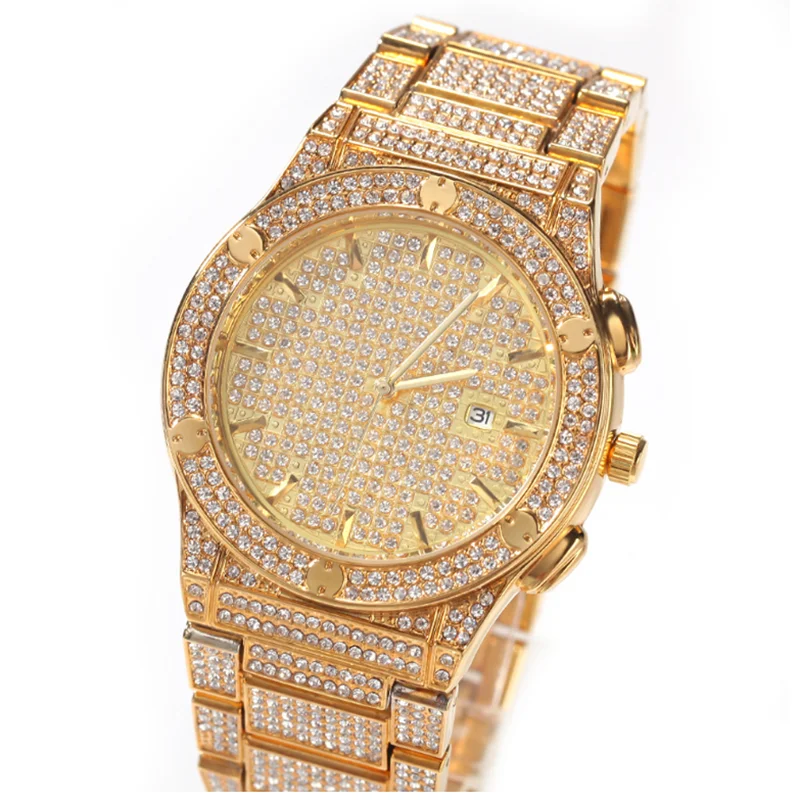 18K Gold Überzogene Bling Voller Diamanten Kalender Uhren Hüfte Hop Zirkon Quarz Männer Armbanduhr Party Jahrestag Geschenke