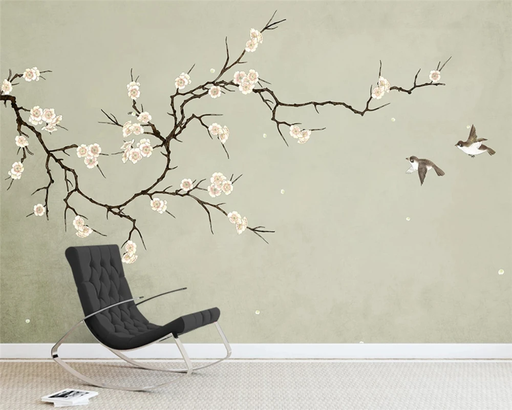 

beibehang papier peint Customized new Chinese style hand painted plum flower bird background decorative painting wallpaper