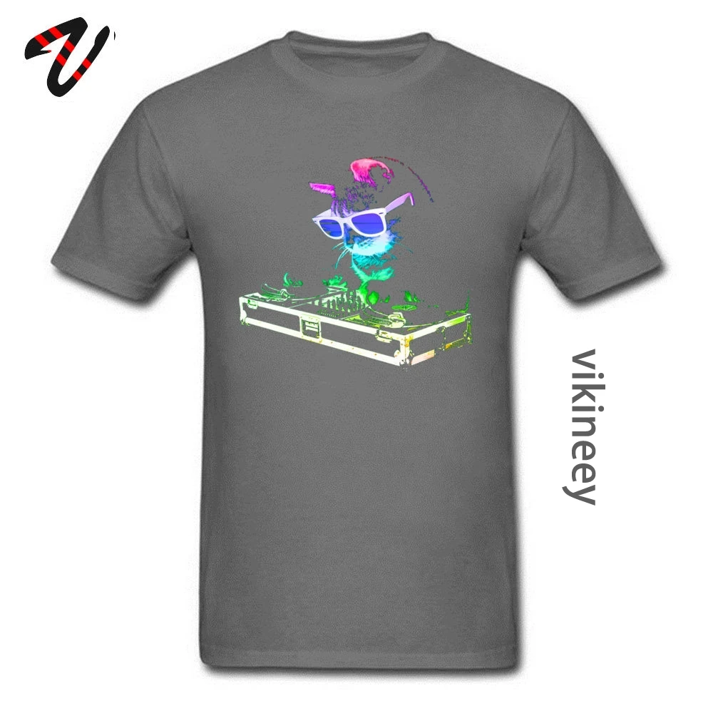 Rainbow DJ Cat Techno T Shirts Funny Neon Cat 3D Print Tshirt 100% Cotton Crewneck Men T Shirt Hig Quality Clothing Shirt