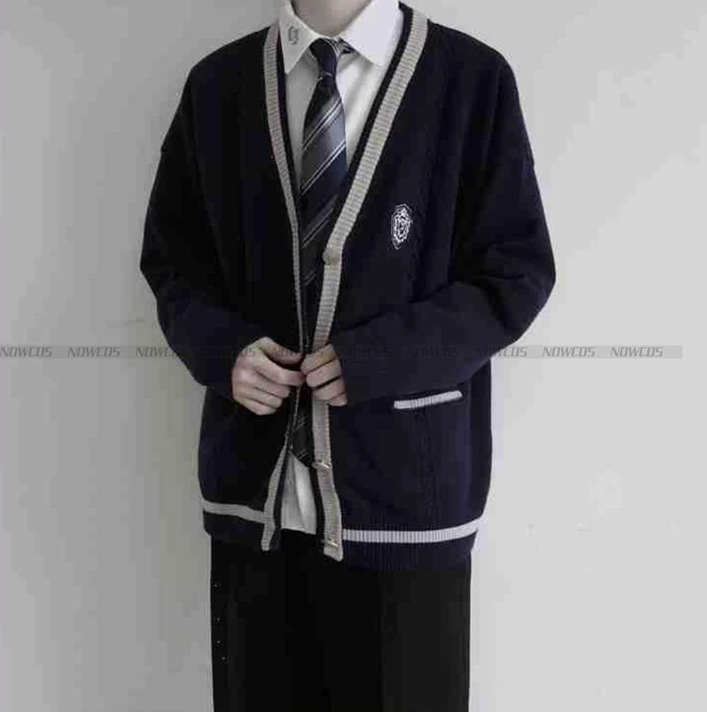 Male Men Students Middle School Cardigan Sweater Navy Blue Knit Sweater JK/DK Uniform Spring Autumn Preppy Style le chandail