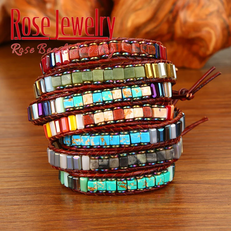 Natural Stone Handmade Multi Color Chakra Bracelet Jewelry Tube Beads Leather Wrap Bracelet Creative Gifts Couples Bracelets