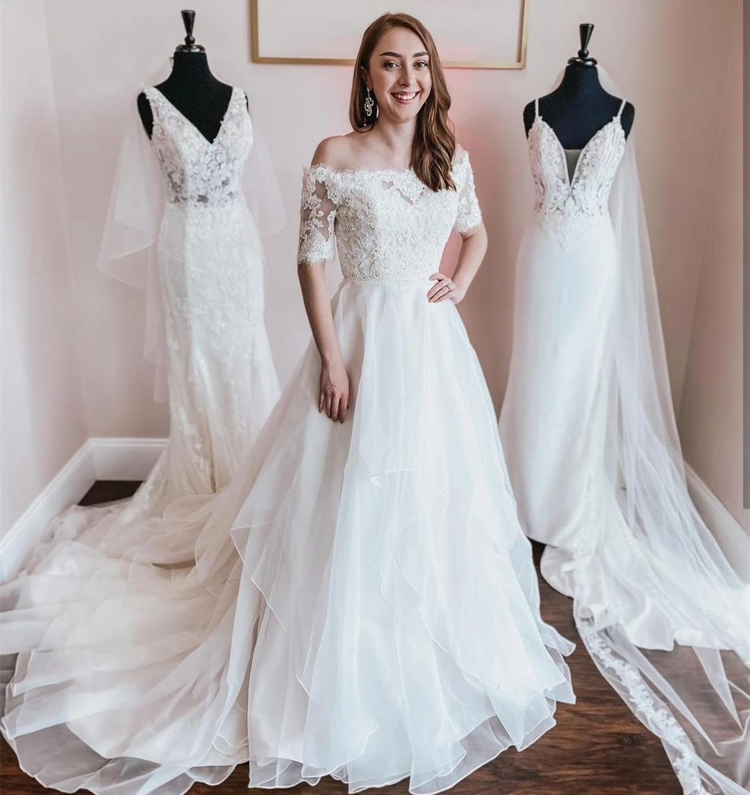 LSYX abito da sposa principessa mezza manica Appliques di pizzo bianco lunghezza del pavimento splendida per la sposa Organza elegante perline di cristallo