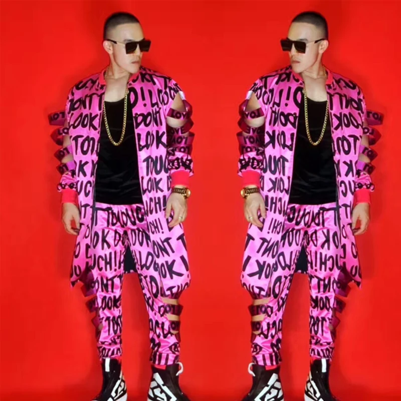 2 Pieces Male Singer DJ DS Hip Hop Clothing Graffiti Hollow Out Letter Jacket Pants Jazz Gogo Costume Stage Rave Outfit XS2436