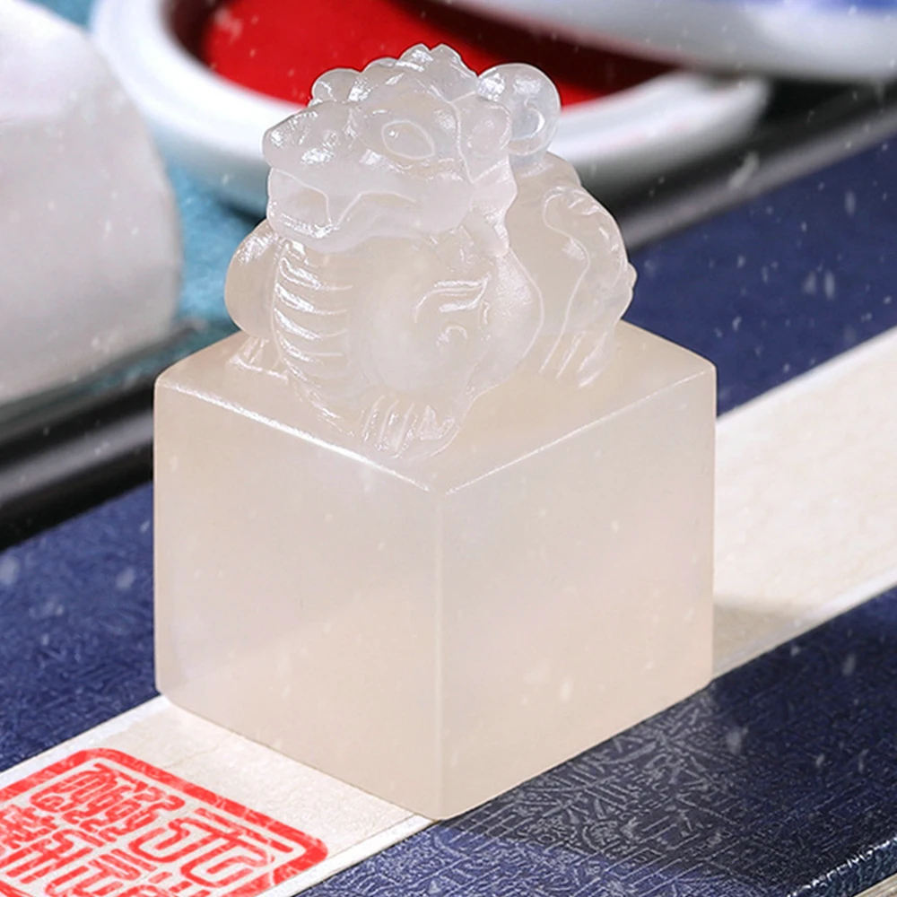 

Chinese Style Brave Troops Kirin Custom Name Stamp With Storage Bag Inkpad White Color Natural Stone Personal Seal