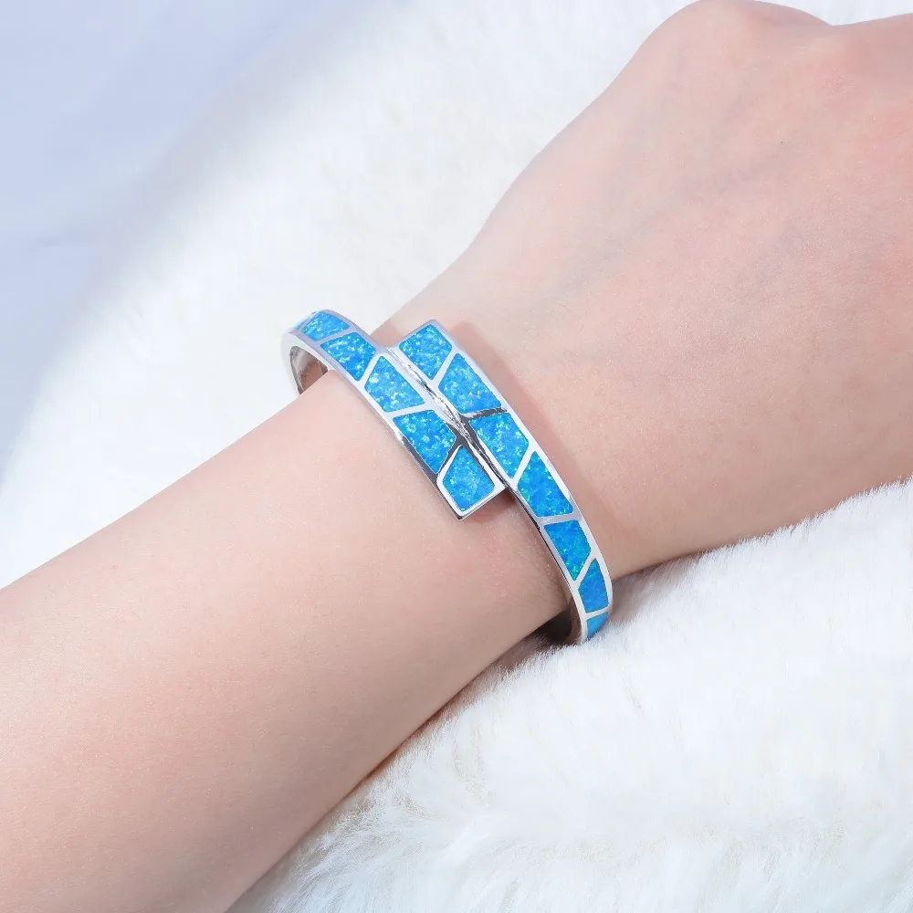 CiNily Ocean Blue Fire Opal Stone Open Bangles Silver Plated Adjustable Bracelet Luxury Large Spring Jewelry Bohemia Boho Female