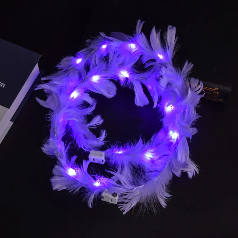 LED Feather Wreath Headband Light-Up Headband Luminous Headdress For Women Girls Wedding Christmas Halloween Glow Party