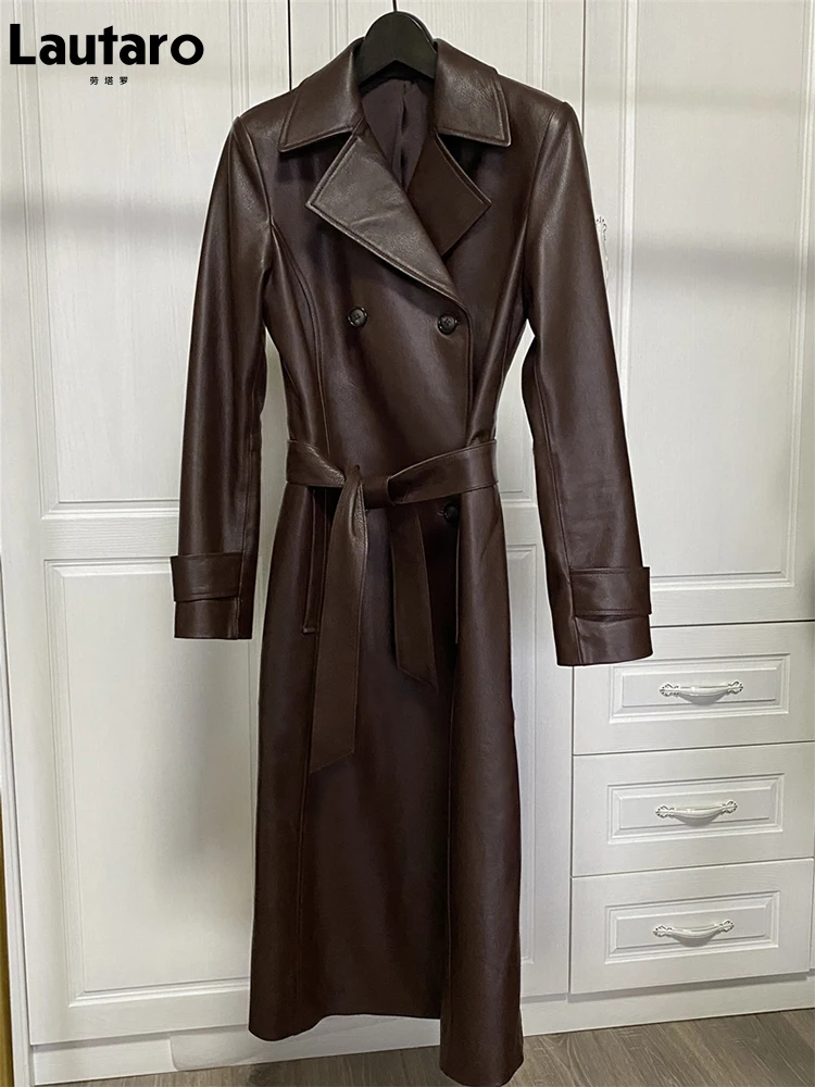 Lautaro Lente Herfst Lange Rode Wijn Zachte Faux Lederen Trenchcoat Voor Vrouwen Riem Double Breasted Luxe Elegante Mode 2022