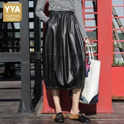 Real Leather Womens Calf Long Skirts Fashion Elastic Waist Luxury Sheepskin Loose Casual Female Skirts Streetwear