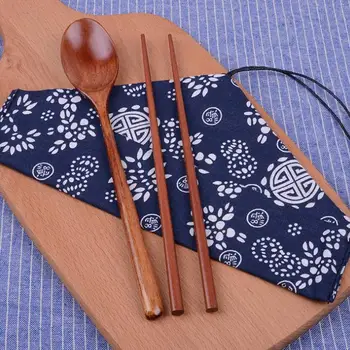 일본 나무 젓chopsticks 과 천으로 가방 숟가락 휴대용 식기 세트 결혼식 호의 파티 반환 선물 도매 