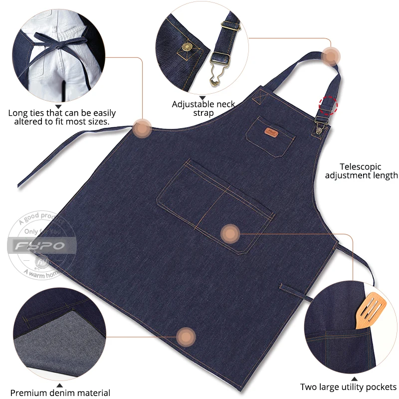 Unisex Simple Denim Apron Kitchen Accessory Sleeveless Apron Cooking Restaurant Barista Work Apron Durable Sanitary Baking Apron