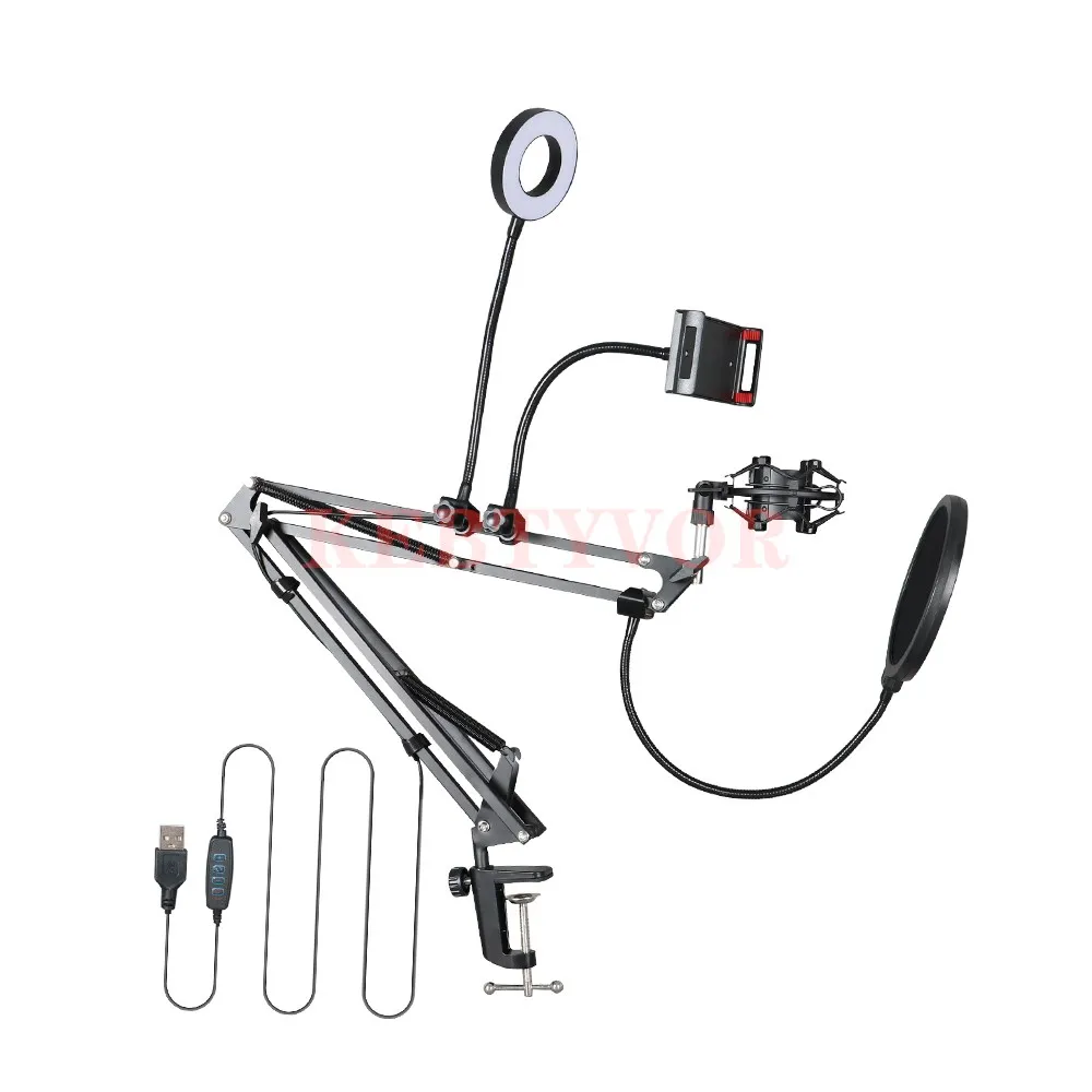 Microfoonstandaard voor telefoon met LED-ringlicht Mic Pop Filter en Heavy Duty Boom Scissor Arm Stands voor BM 800 700