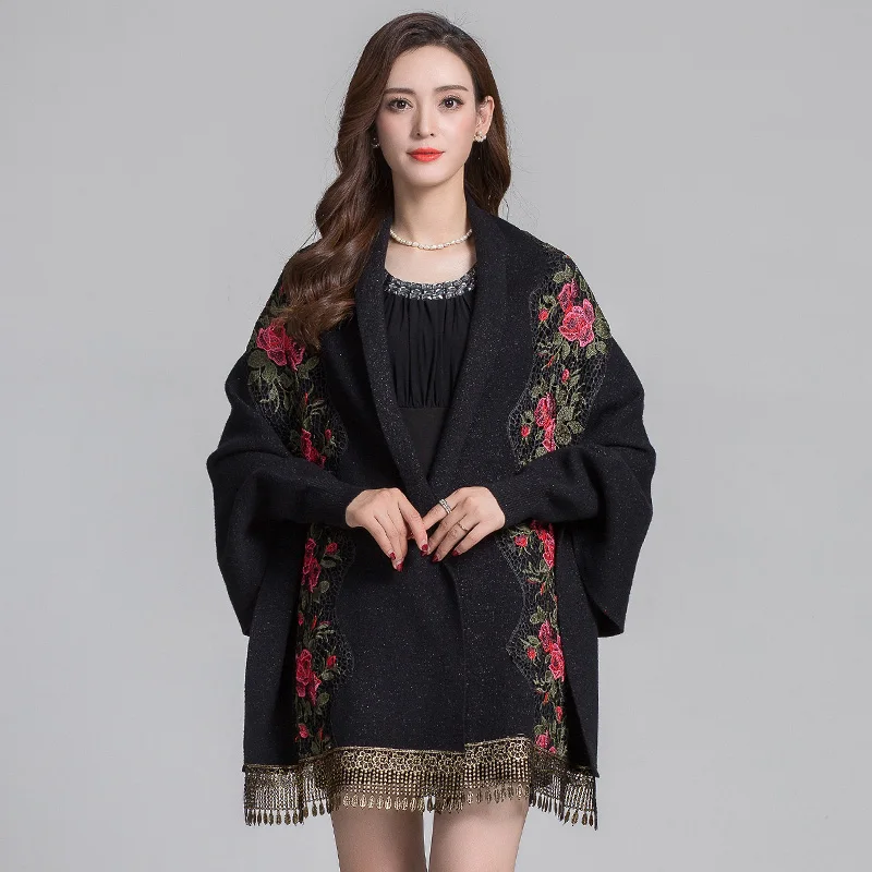 

Autumn And Winter Embroidery Pashmere Woman Fashion Flowers Soft Shawl Loose Plus Size Cardigan Tassel Knit Sleeve Poncho Cape