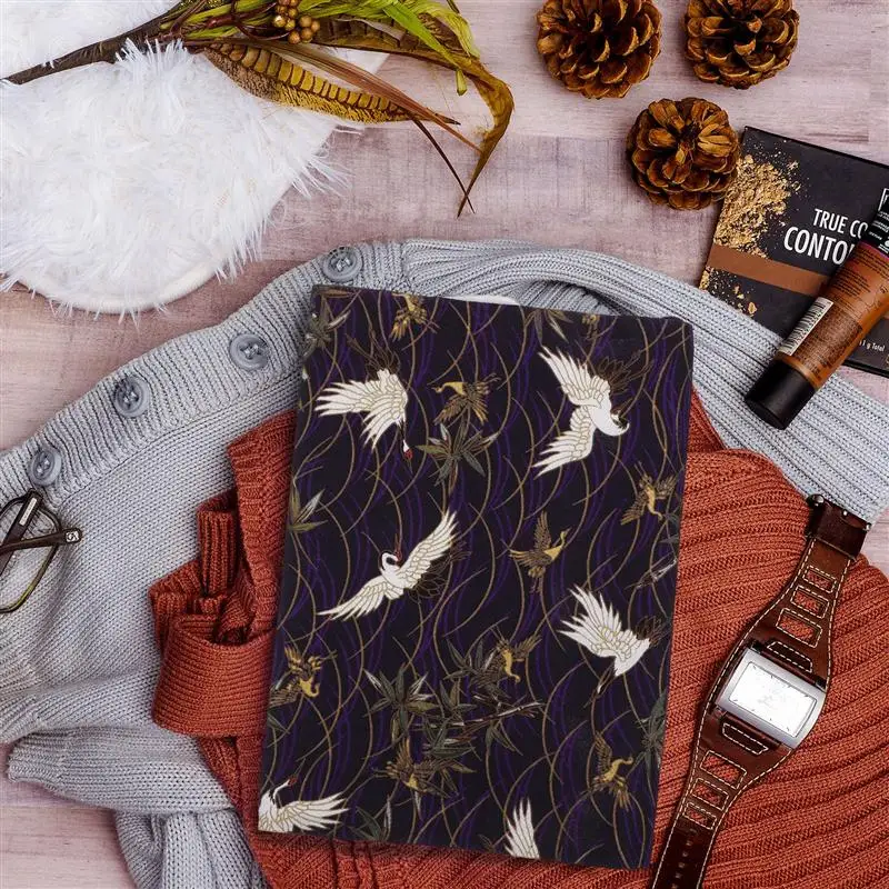 1pc A5 Adjustable Book Cover Decorative Book Sleeve Crane Design Book Protector Hand-made Cloth Book Cover Hand Account Book