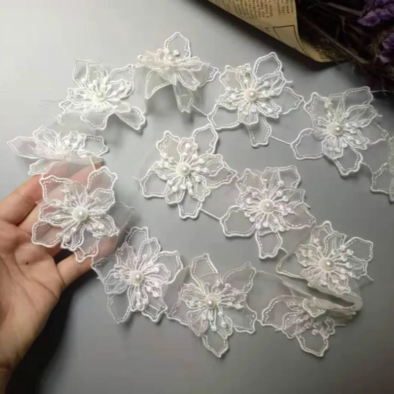 1 yards White 8cm Pearl Flower Embroidered Lace  Trim Ribbon Floral Applique Fabric Patches DIY Wedding Dress Sewing Craft