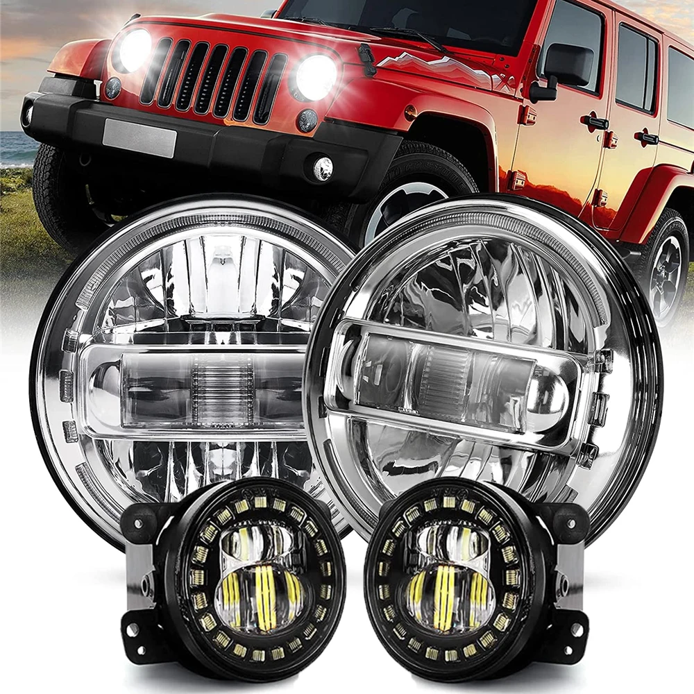 

Black/Chrome 7inch Round LED Headlight Assembly + 30W 4inch LED Fog Light Halo DRL For Jeep Wrangler 1997-2018 JK LJ TJ 4PCS