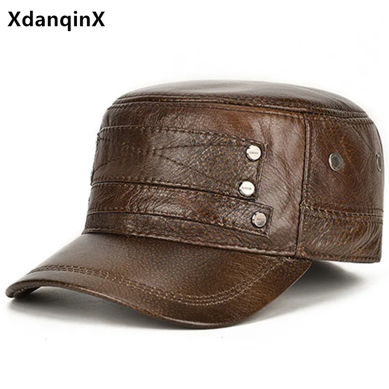 XdanqinX Middle-aged Men Genuine Leather Cap Men's Flat Cap Military Hats Natural Cowhide Caps Adjustable Size Winter Warm Hat