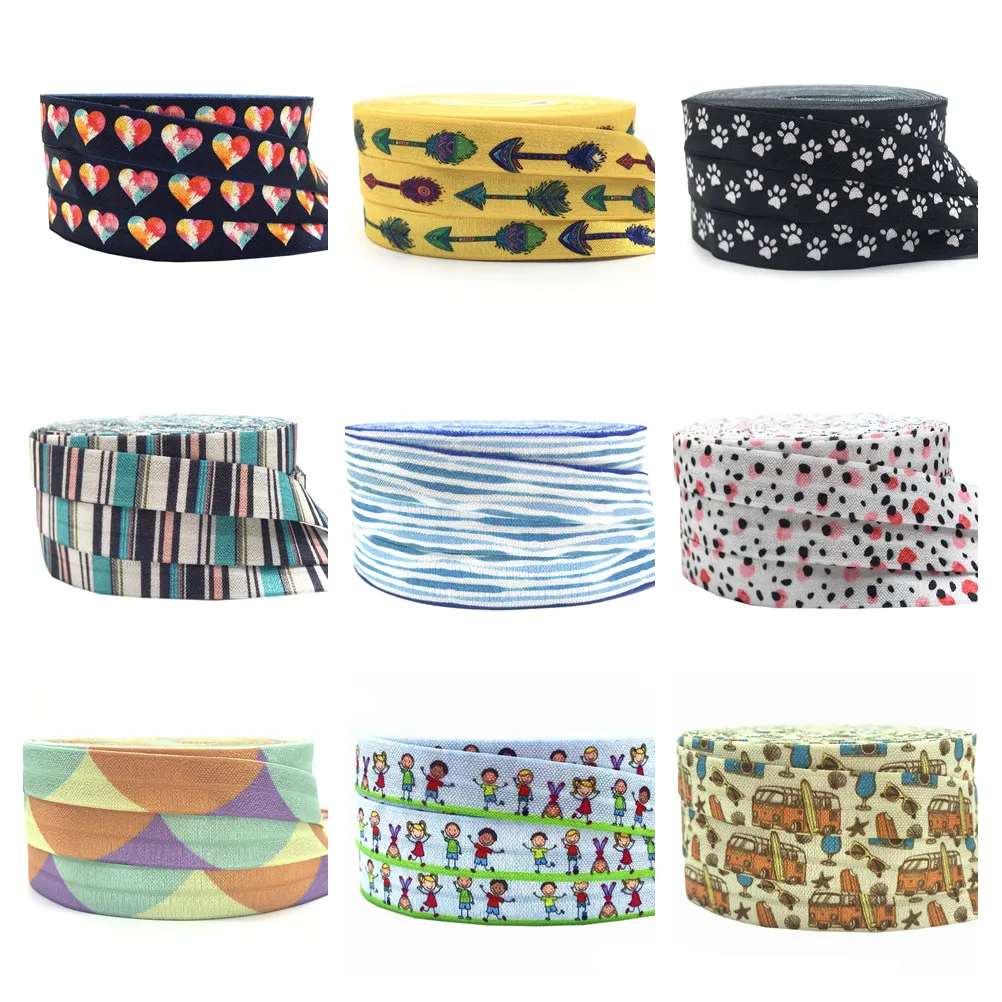 15mm Dot Stripe Heart Footprint Arrow Bus Print Fold Over Elastic Stretchy Band DIY Girls Hair Ties Strap Headband Accessories