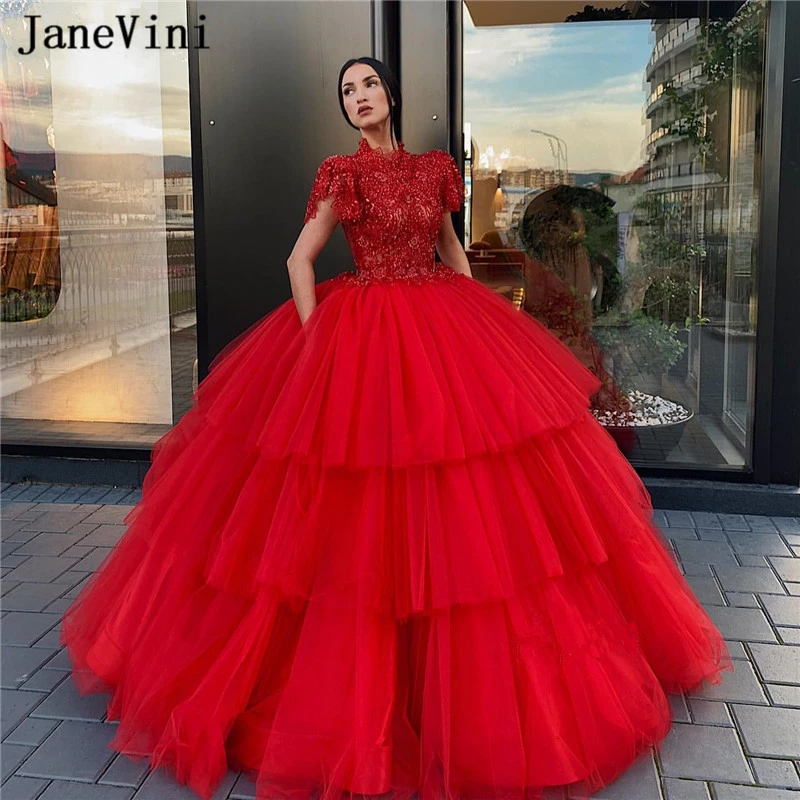 

Великолепные арабские красные платья jaevini для Quinceanera, бальное платье со стразами, фатиновые пышные Длинные платья принцессы для выпускного вечера