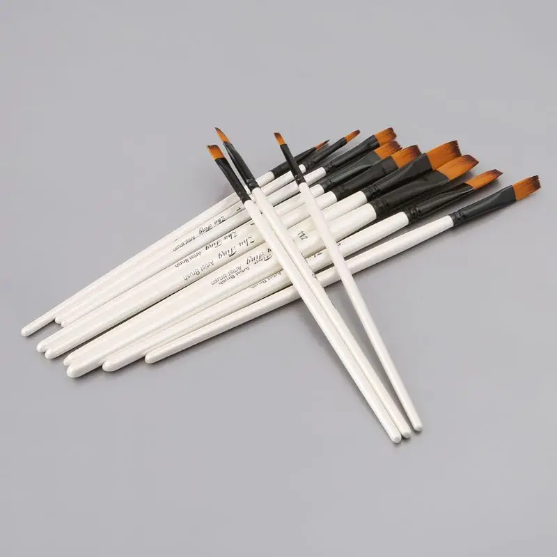 12Pcs Artist Paint Brush Set Nylon Bristles Watercolor Acrylic Oil Painting Slant Flat Round Pointed Pen Tip Wood Handle Art Acc