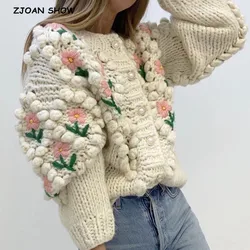 2020 Retro 3D Flower Hand Crochet Ball Cardigan Sweater Vintage Woman O neck Long sleeve Knit Loose Knitwear Cardigan Jumper