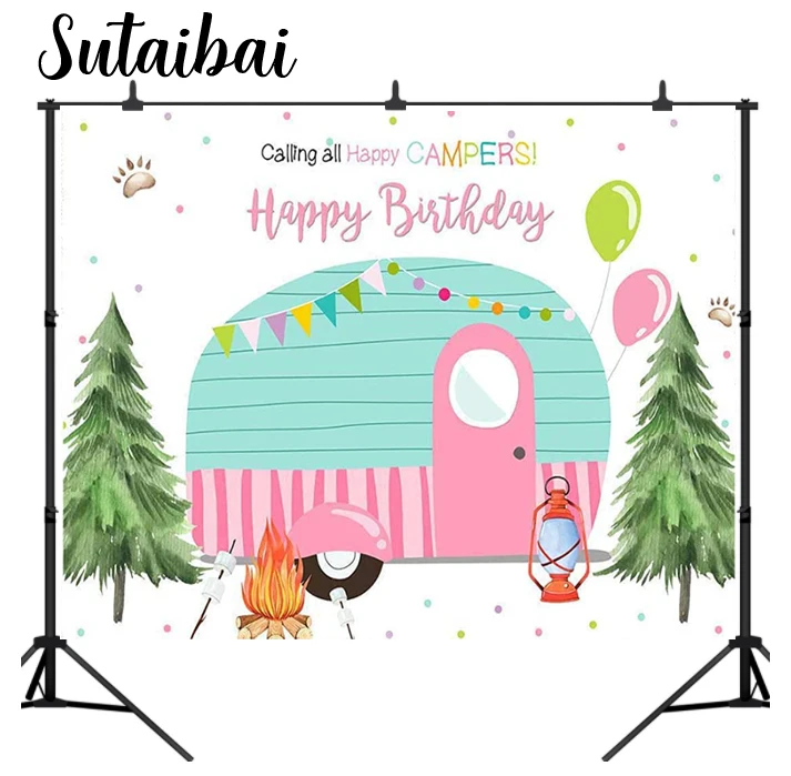 

Camping Birthday Backdrop Birthday Party Decoration Safari Forest Backdrops Happy Camper Tent Campfire Camping Background