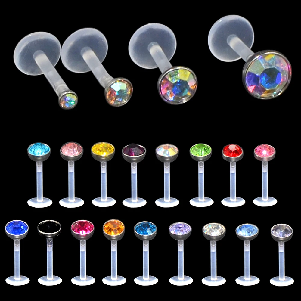 1PC Acrylic Flexible Bioplastic Crystal Labret Lip Ring CZ Gem Ear Helix Tragus Cartilage Studs Piercing Body Piercing Jewelry