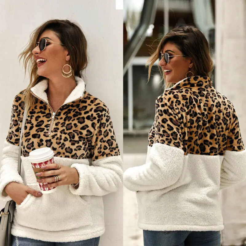 2019 Winter Fleece Sweater Fashion Leopard Patchwork Fluffy Thick Sweaters Warm Zipper Pullovers Women Winter Coat Sherpa Tops