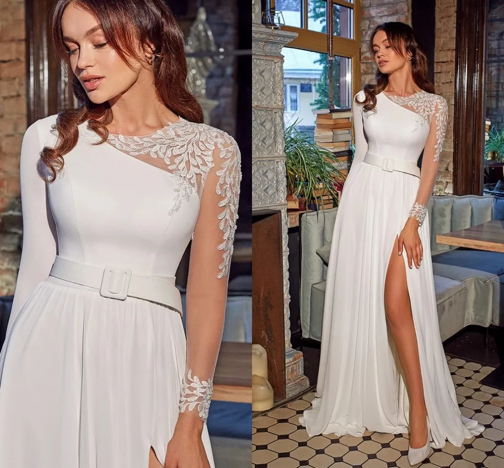 Elegant A-Line Chiffon Wedding Dresses With Belt Side Split Long Sleeves 2022 Sexy O-Neck Appliques Sweep Train Bridal Gowns