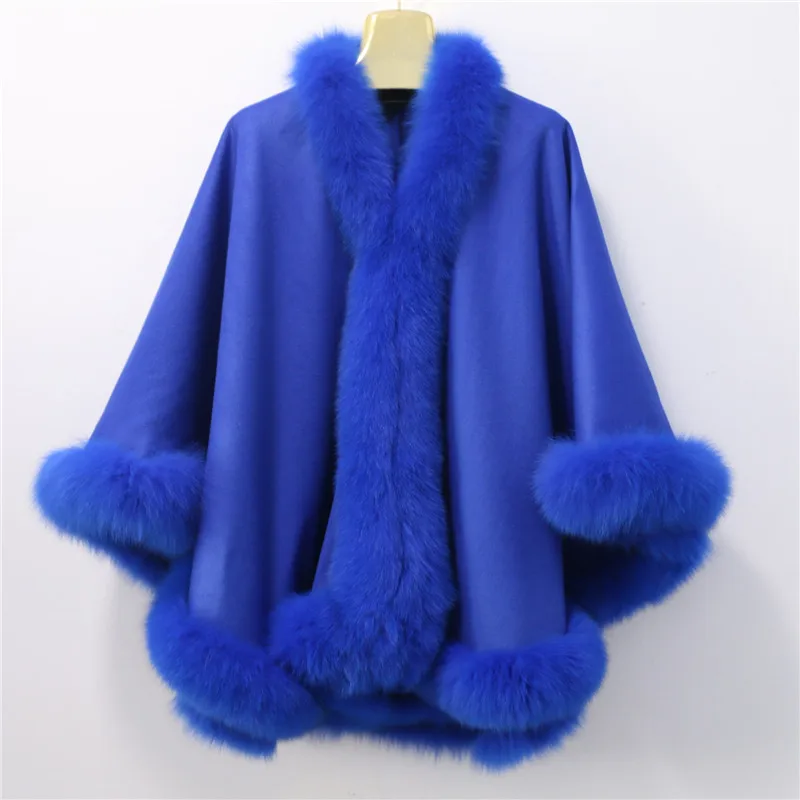 Custom Adult Cashmere Cape With Straight Fluffy Fur Trim Poncho Shawl