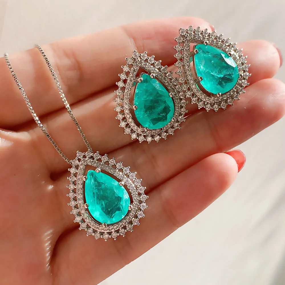 Paraiba – collier en argent Sterling 2021 véritable en forme de poire et Tourmaline, pendentif en pierre précieuse, boucles d'oreilles, ensembles de bijoux, cadeaux pour femmes, 925