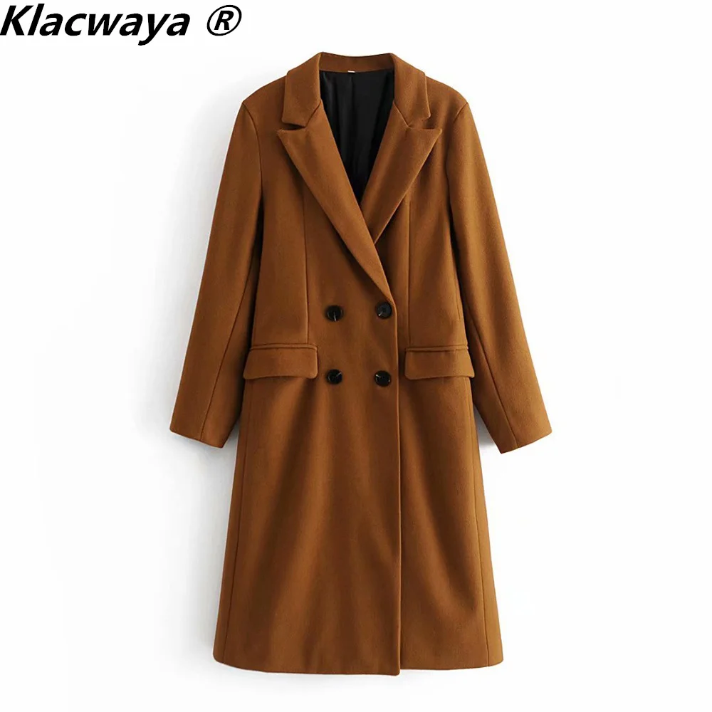 Klacwaya 2021 Women Fashion Dark Brown Woolen Coat Vintage Double Breasted Long Sleeve Female Autumn Temperament Long Coat