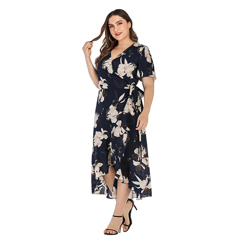 Vestido de verano de manga corta con flores para mujer, traje largo de estilo vendaje, a la moda, talla grande, 2023