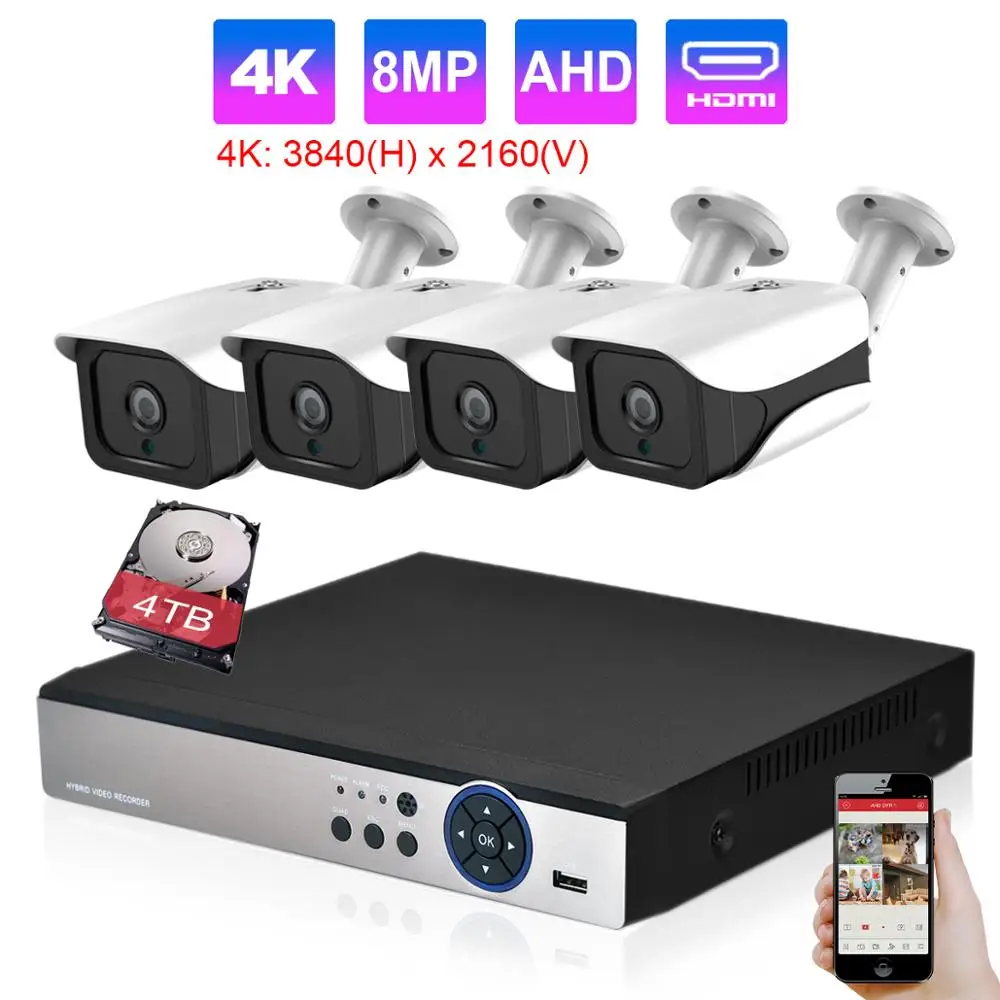 

H.265 4CH 4K DVR Recorder 8MP Ultra HD Security Camera System IP66 waterproof Outdoor Security Video Surveillance Camera kit