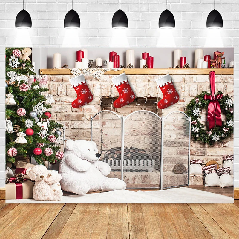 Christmas Backdrop Vintage Brick Wall Fireplace Decor Background Family Portrait Photography Xmas Tree Photo Props Photostudio