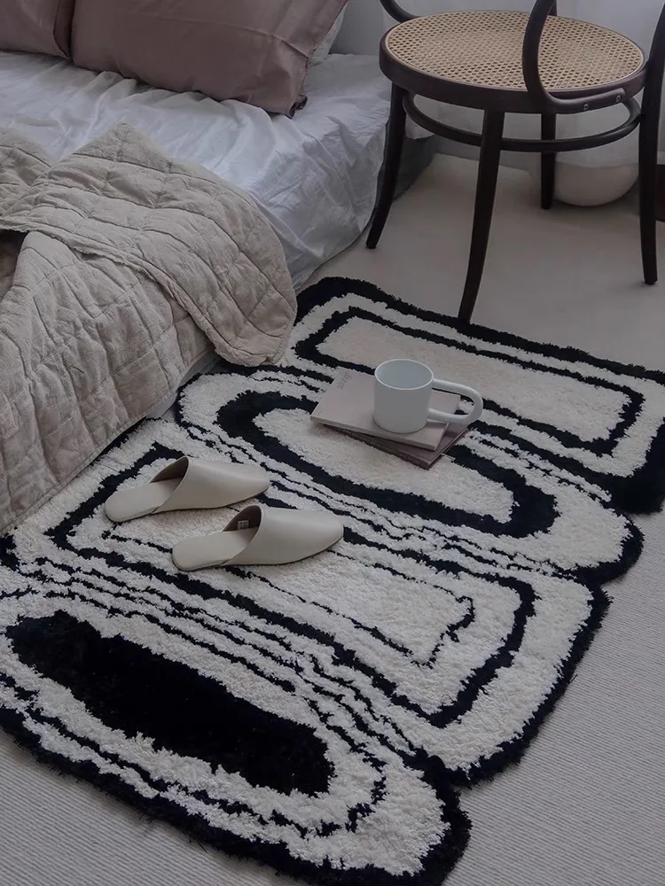 

Nordic Design Special-Shaped Floor Mat Art Ins Style Carpet Geometric Lines Modern Bedroom Living Room Table Mat Thickened Black